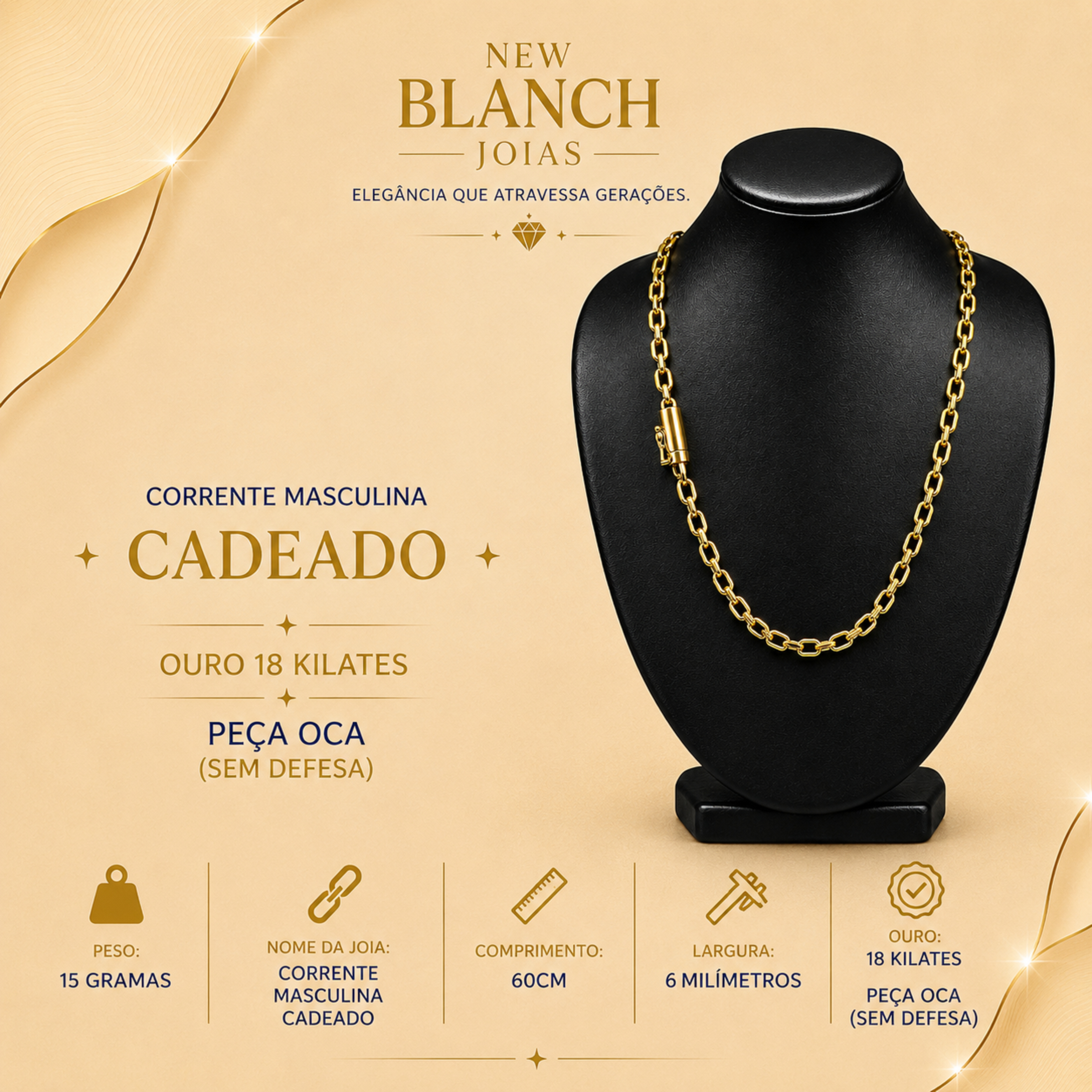 Corrente masculina Cadeado em Ouro 18K