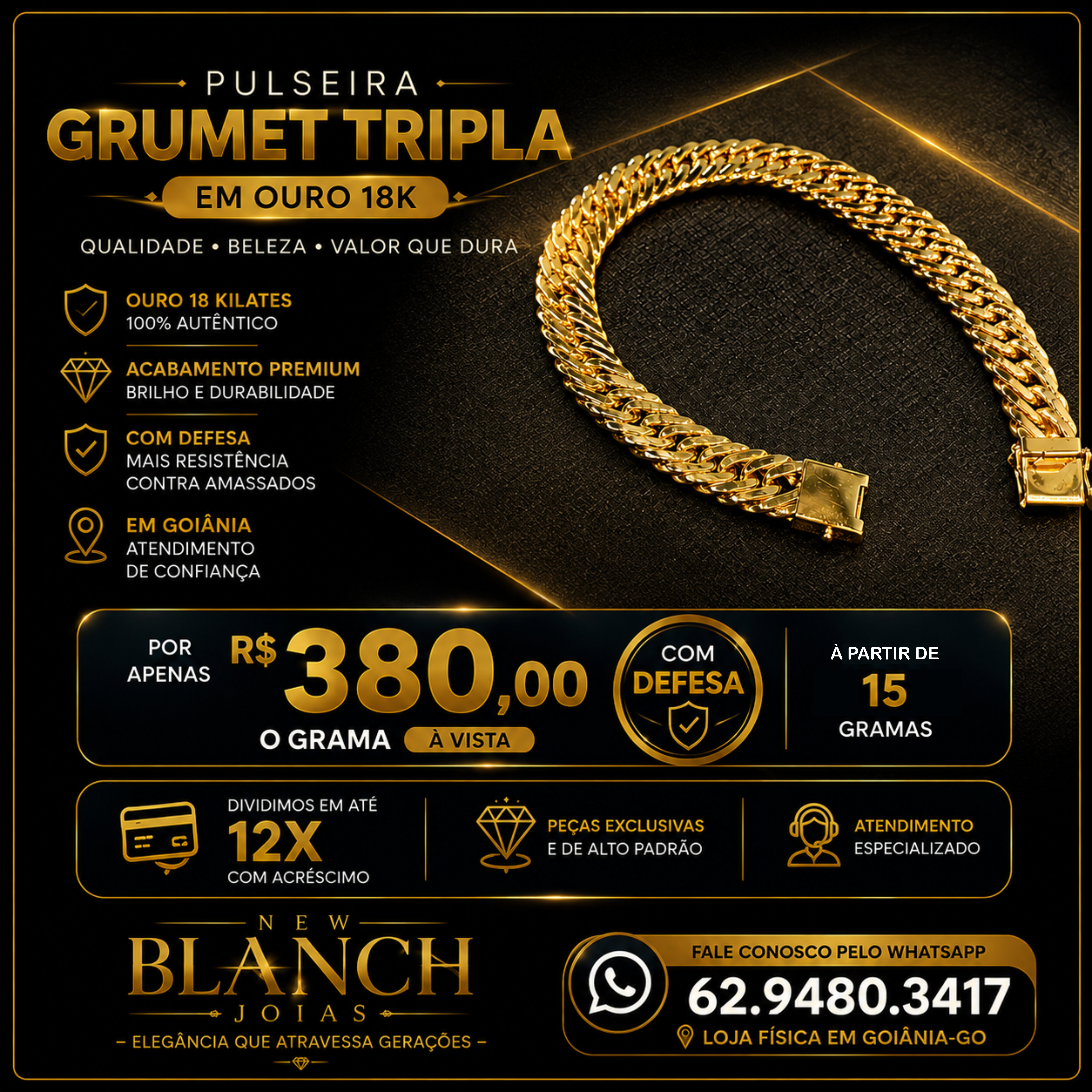 Pulseira Grumet Tripla em Ouro 18K