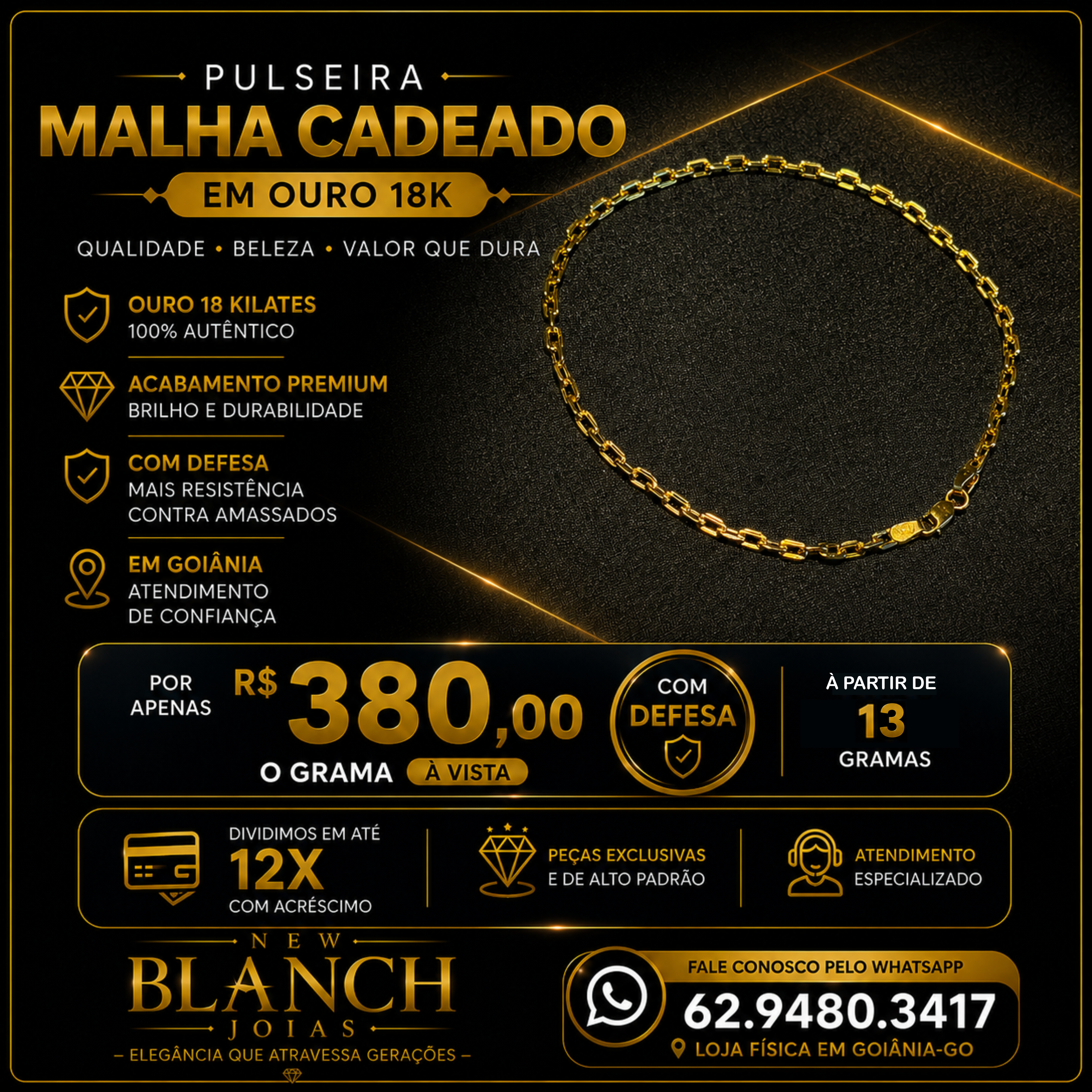Pulseira Malha Cadeado em Ouro 18K
